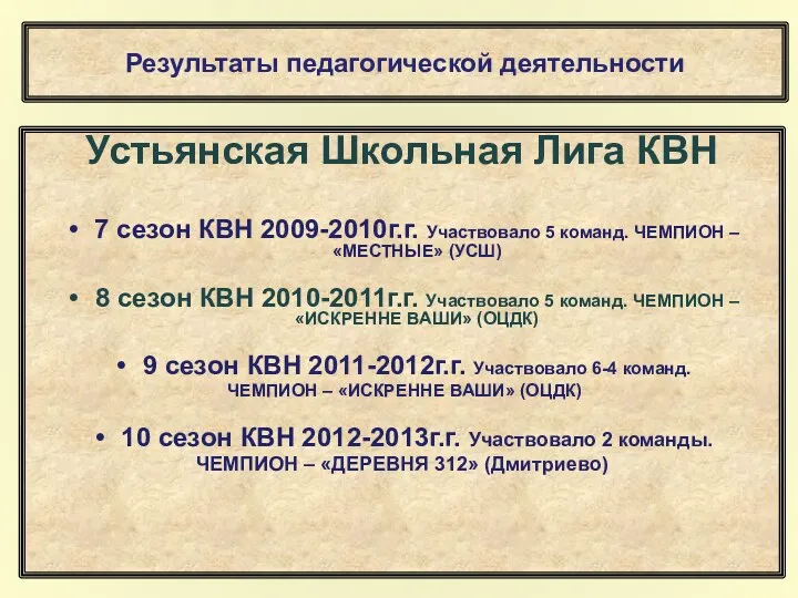 Результаты педагогической деятельности Устьянская Школьная Лига КВН 7 сезон КВН