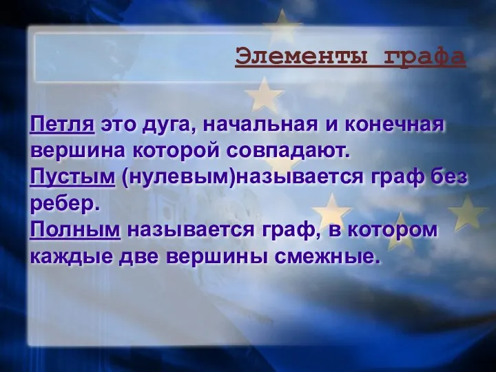 Петля это дуга, начальная и конечная вершина которой совпадают. Пустым (нулевым)называется граф без