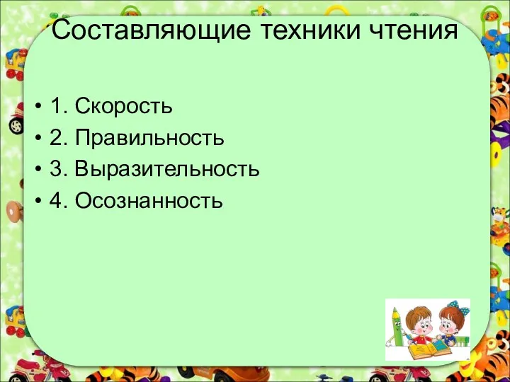 Составляющие техники чтения 1. Скорость 2. Правильность 3. Выразительность 4. Осознанность