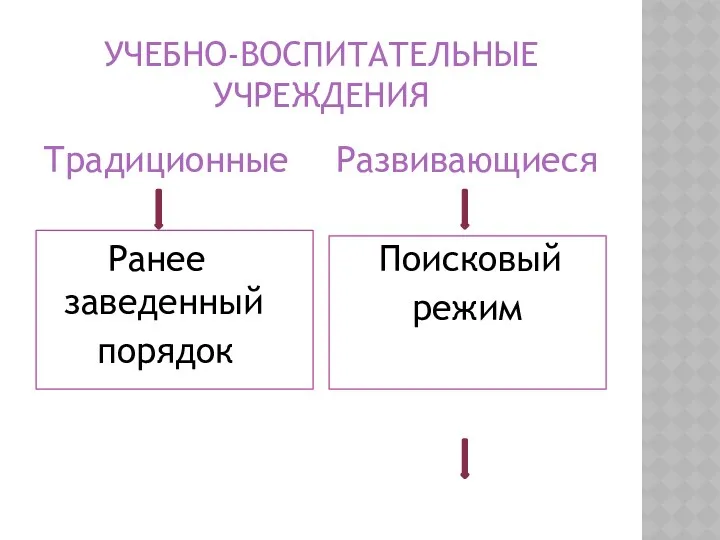 Учебно-воспитательные учреждения Традиционные Ранее заведенный порядок Развивающиеся Поисковый режим