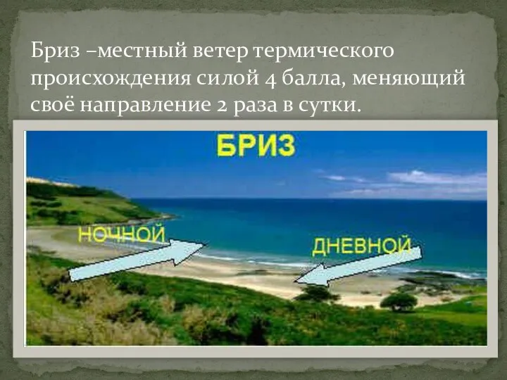 Бриз –местный ветер термического происхождения силой 4 балла, меняющий своё направление 2 раза в сутки.