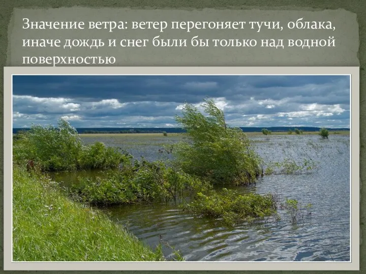 Значение ветра: ветер перегоняет тучи, облака, иначе дождь и снег были бы только над водной поверхностью