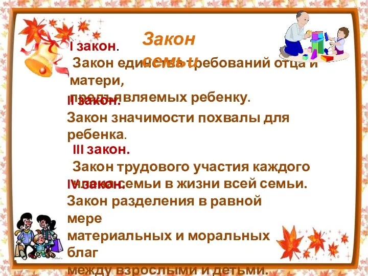 I закон. Закон единства требований отца и матери, предъявляемых ребенку.