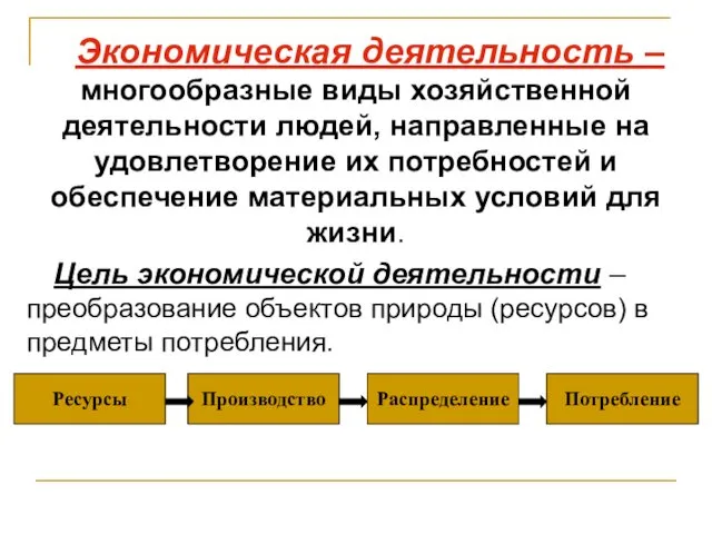 Экономическая деятельность – многообразные виды хозяйственной деятельности людей, направленные на удовлетворение их потребностей