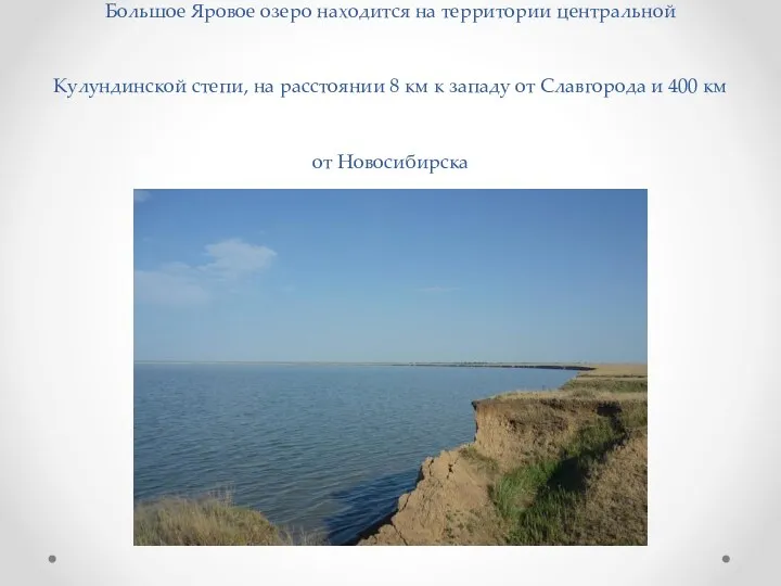 Большое Яровое озеро находится на территории центральной Кулундинской степи, на расстоянии 8 км