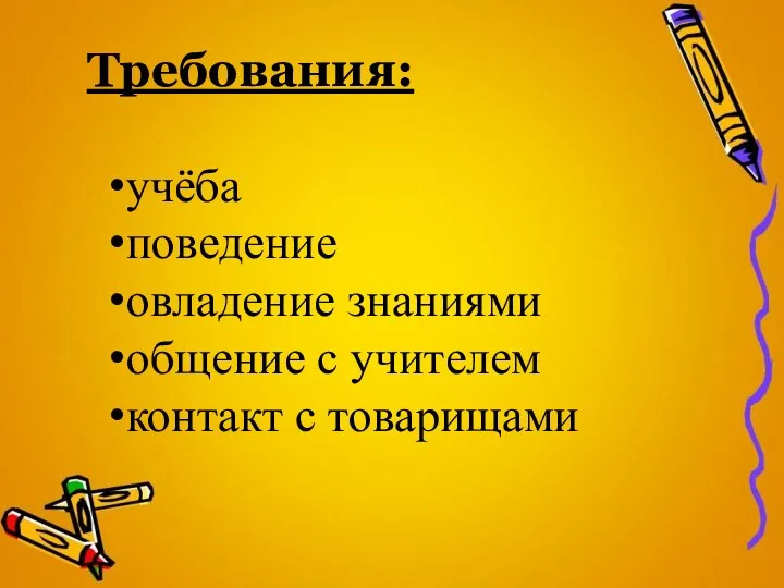 Требования: учёба поведение овладение знаниями общение с учителем контакт с товарищами