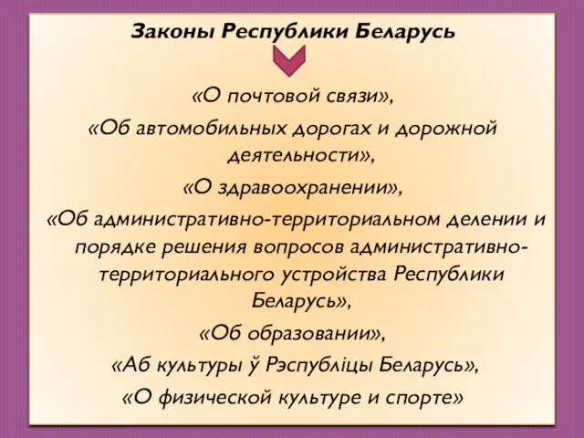 Законы Республики Беларусь «О почтовой связи», «Об автомобильных дорогах и