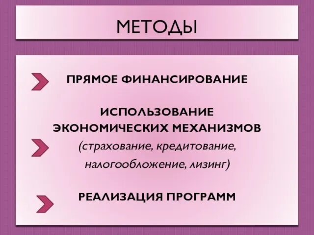 МЕТОДЫ ПРЯМОЕ ФИНАНСИРОВАНИЕ ИСПОЛЬЗОВАНИЕ ЭКОНОМИЧЕСКИХ МЕХАНИЗМОВ (страхование, кредитование, налогообложение, лизинг) РЕАЛИЗАЦИЯ ПРОГРАММ