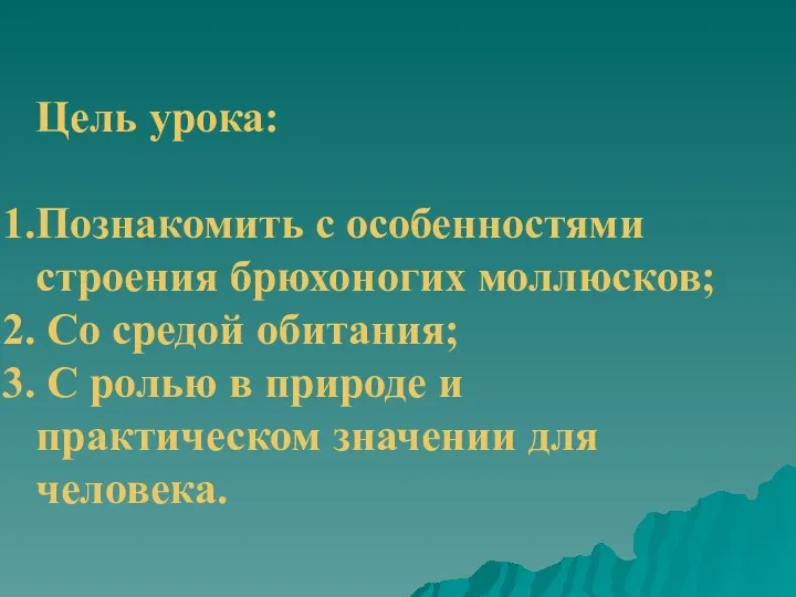 Цель урока: Познакомить с особенностями строения брюхоногих моллюсков; Со средой