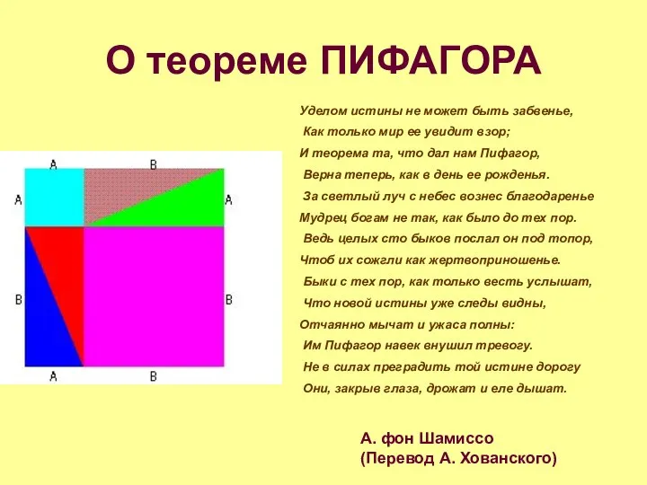 О теореме ПИФАГОРА Уделом истины не может быть забвенье, Как только мир ее