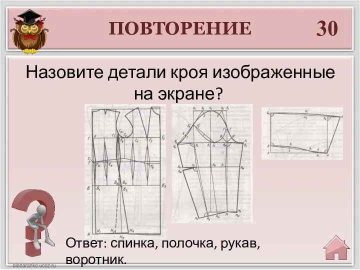 30 Назовите детали кроя изображенные на экране? ПОВТОРЕНИЕ Ответ: спинка, полочка, рукав, воротник.