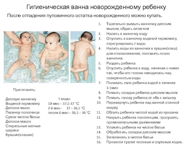 Гигиеническая ванна новорожденному ребенку Приготовить: Детскую ванночку Водяной термометр Детское мыло Пеленку-полотенце Сухое