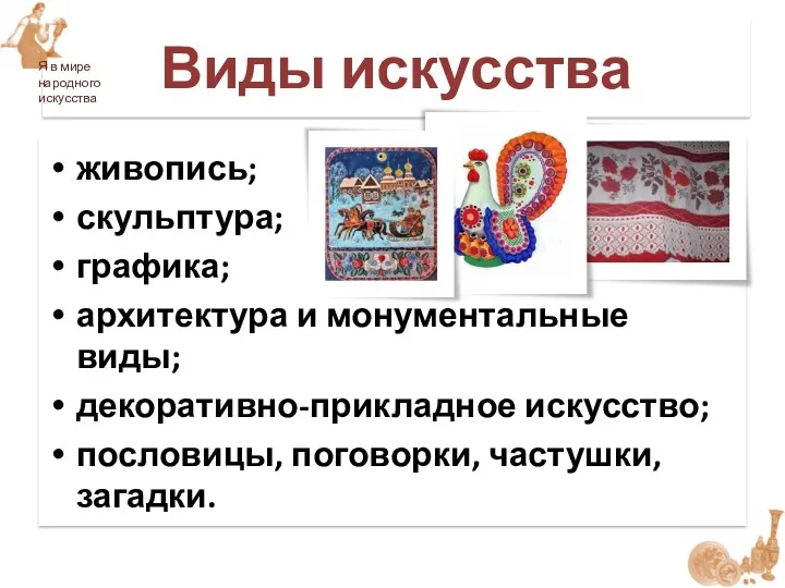 Виды искусства живопись; скульптура; графика; архитектура и монументальные виды; декоративно-прикладное