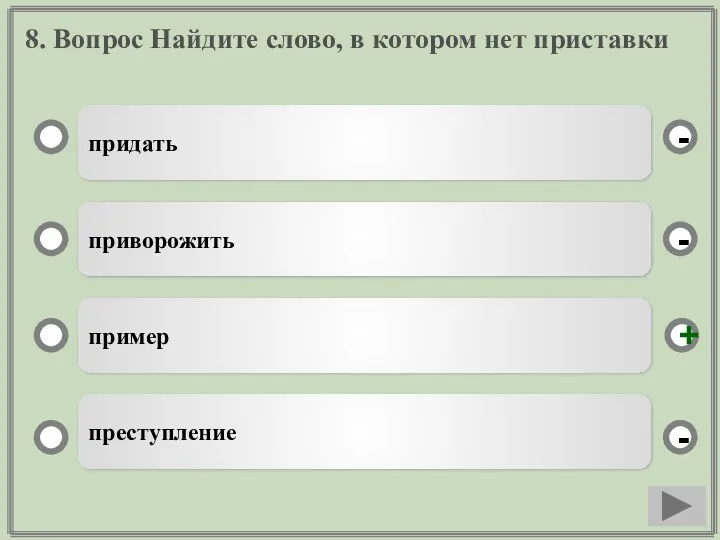 8. Вопрос Найдите слово, в котором нет приставки придать приворожить пример преступление - - + -