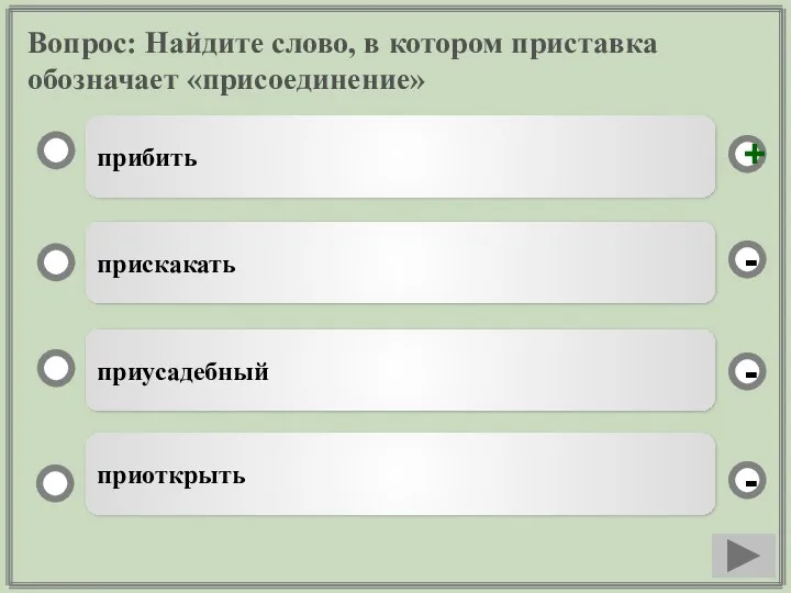 Вопрос: Найдите слово, в котором приставка обозначает «присоединение» прибить прискакать приусадебный приоткрыть - - + -