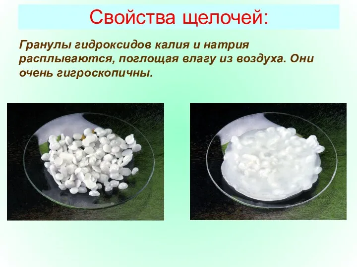 Свойства щелочей: Гранулы гидроксидов калия и натрия расплываются, поглощая влагу из воздуха. Они очень гигроскопичны.
