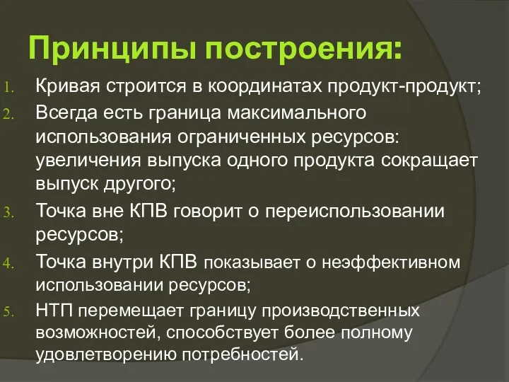 Принципы построения: Кривая строится в координатах продукт-продукт; Всегда есть граница