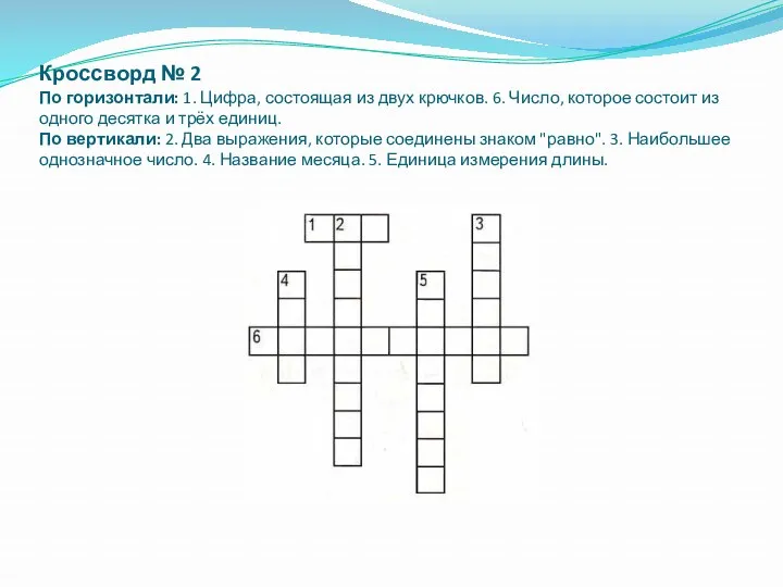 Кроссворд № 2 По горизонтали: 1. Цифра, состоящая из двух