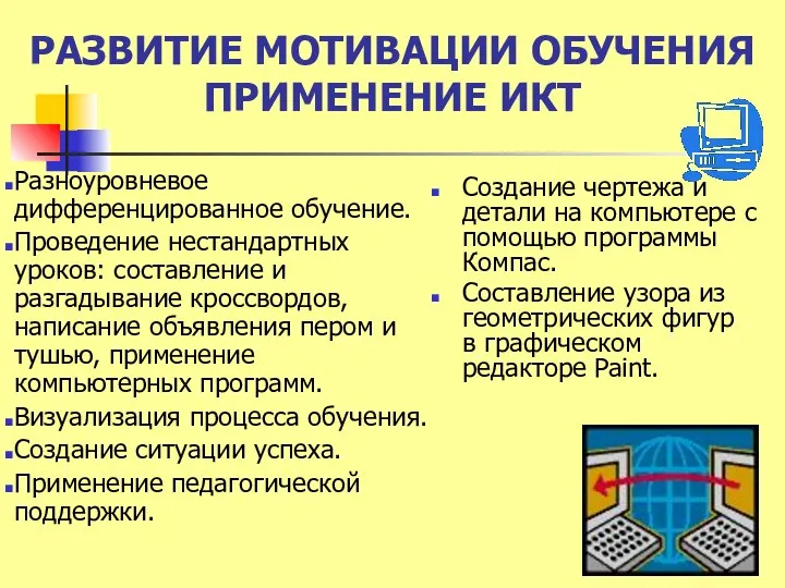 РАЗВИТИЕ МОТИВАЦИИ ОБУЧЕНИЯ ПРИМЕНЕНИЕ ИКТ Создание чертежа и детали на