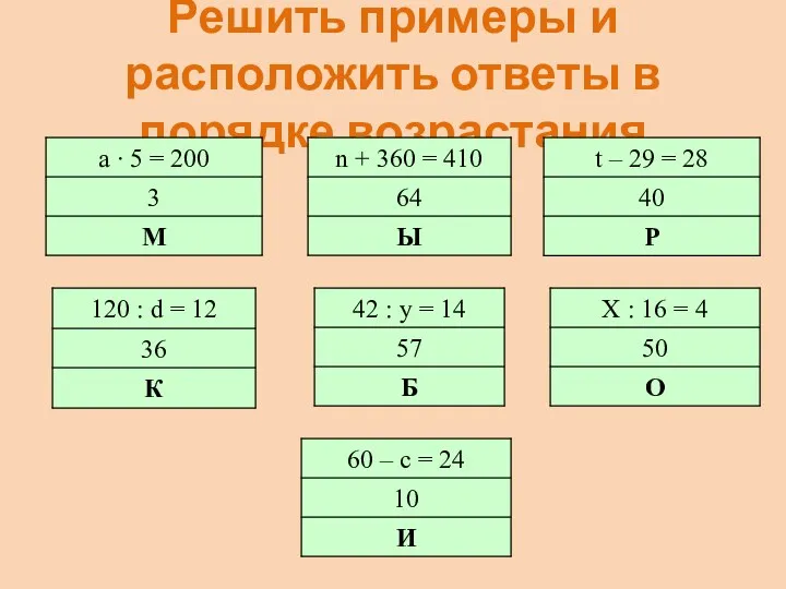 Решить примеры и расположить ответы в порядке возрастания