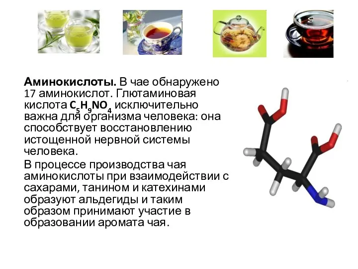 Аминокислоты. В чае обнаружено 17 аминокислот. Глютаминовая кислота C5H9NO4 исключительно