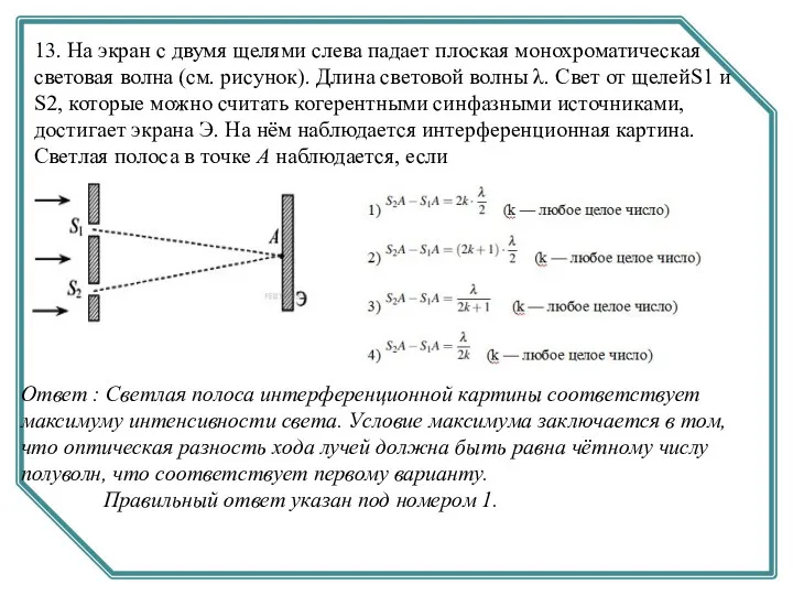 13. На экран с двумя щелями слева падает плоская монохроматическая