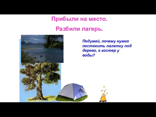 Прибыли на место. Разбили лагерь. Подумай, почему нужно поставить палатку под дерево, а костер у воды?