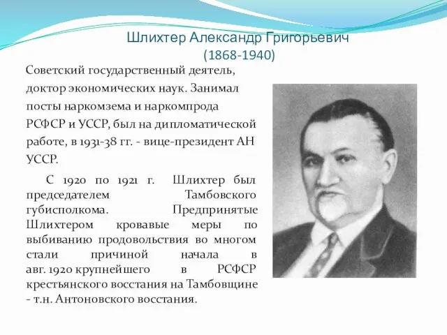 Шлихтер Александр Григорьевич (1868-1940) Советский государственный деятель, доктор экономических наук. Занимал посты наркомзема