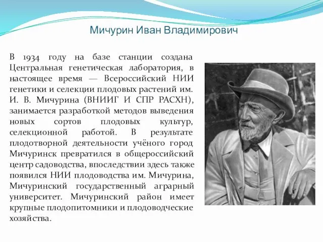 Мичурин Иван Владимирович В 1934 году на базе станции создана Центральная генетическая лаборатория,