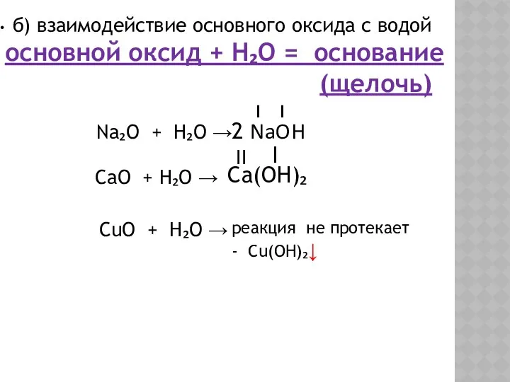 б) взаимодействие основного оксида с водой основной оксид + H₂O