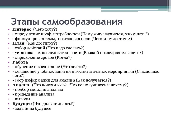 Этапы самообразования Интерес (Чего хочу?) - определение проф. потребностей (Чему