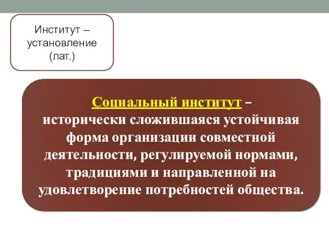 Институт – установление (лат.) Социальный институт – исторически сложившаяся устойчивая