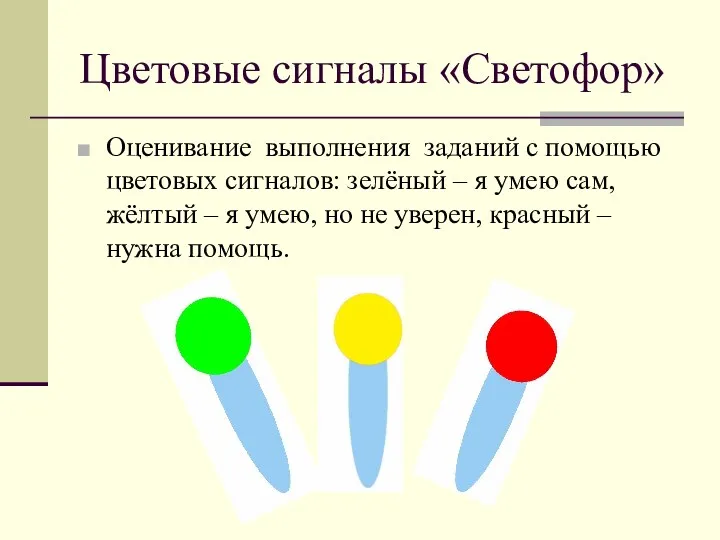 Цветовые сигналы «Светофор» Оценивание выполнения заданий с помощью цветовых сигналов: зелёный – я