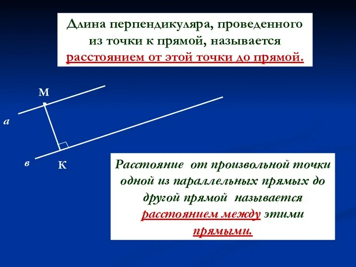 Длина перпендикуляра, проведенного из точки к прямой, называется расстоянием от этой точки до