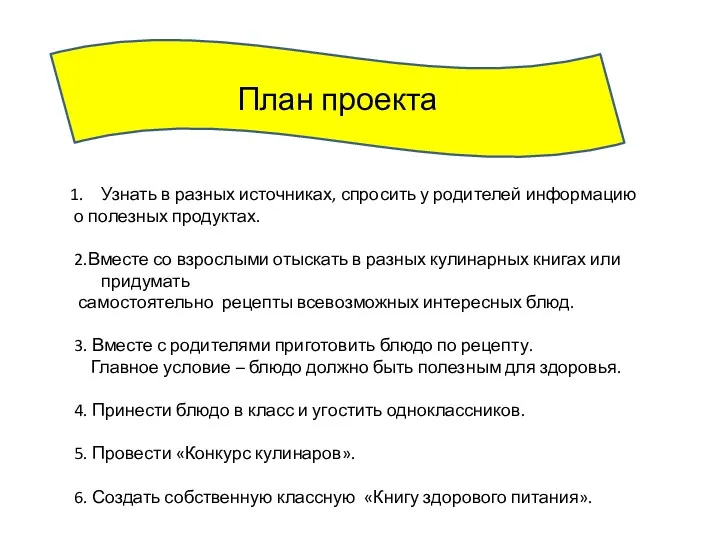 План проекта Узнать в разных источниках, спросить у родителей информацию о полезных продуктах.