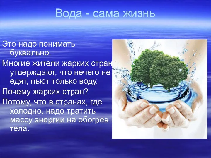 Вода - сама жизнь Это надо понимать буквально. Многие жители жарких стран утверждают,