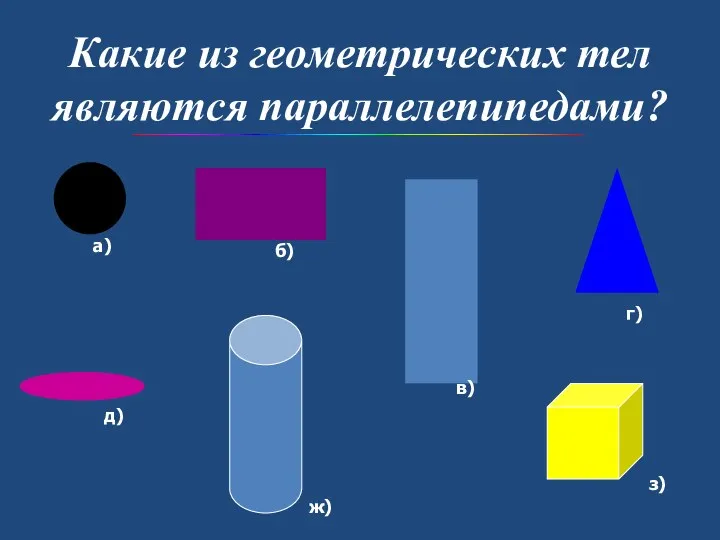 Какие из геометрических тел являются параллелепипедами? а) б) в) г) д) ж) з)