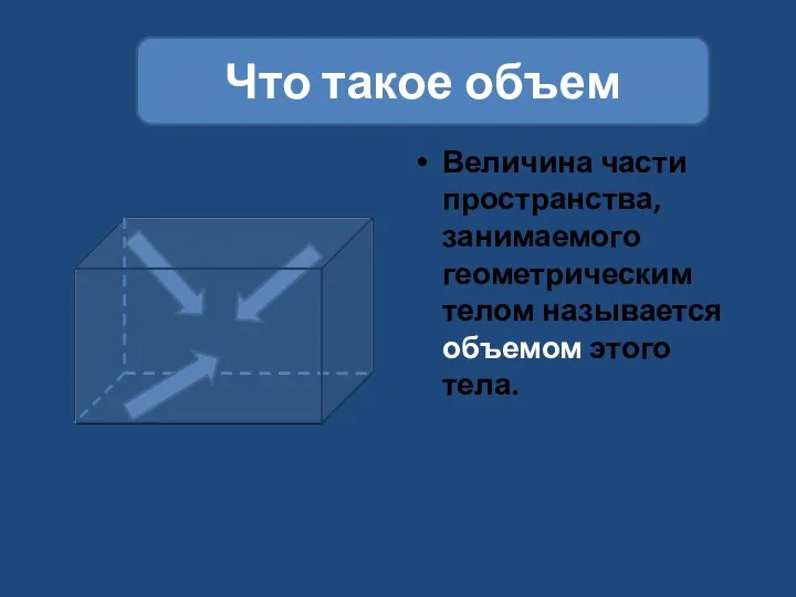 Величина части пространства, занимаемого геометрическим телом называется объемом этого тела. Что такое объем