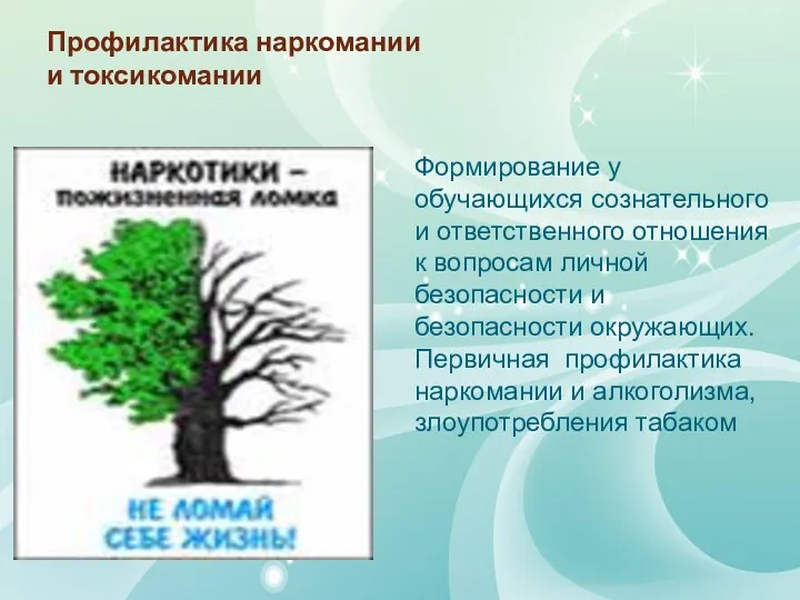 Профилактика наркомании и токсикомании Формирование у обучающихся сознательного и ответственного