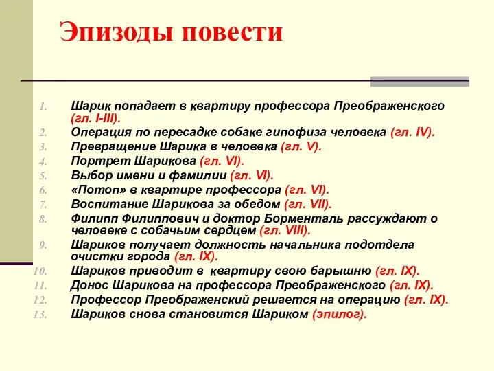 Эпизоды повести Шарик попадает в квартиру профессора Преображенского (гл. I-III).