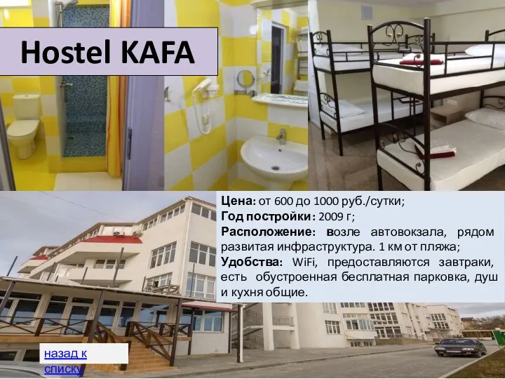 Hostel KAFA Цена: от 600 до 1000 руб./сутки; Год постройки: