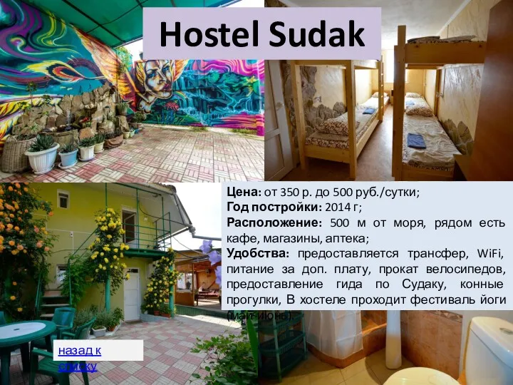 Hostel Sudak Цена: от 350 р. до 500 руб./сутки; Год