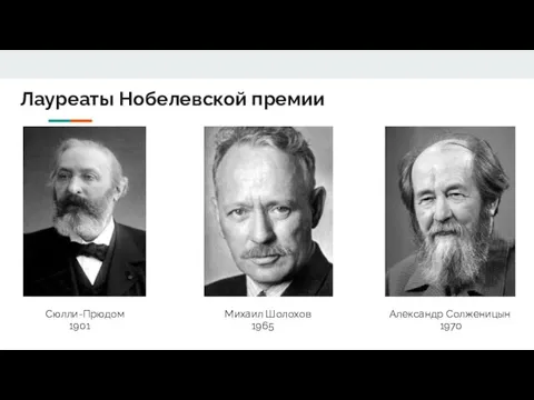 Лауреаты Нобелевской премии Михаил Шолохов 1965 Александр Солженицын 1970 Сюлли-Прюдом 1901