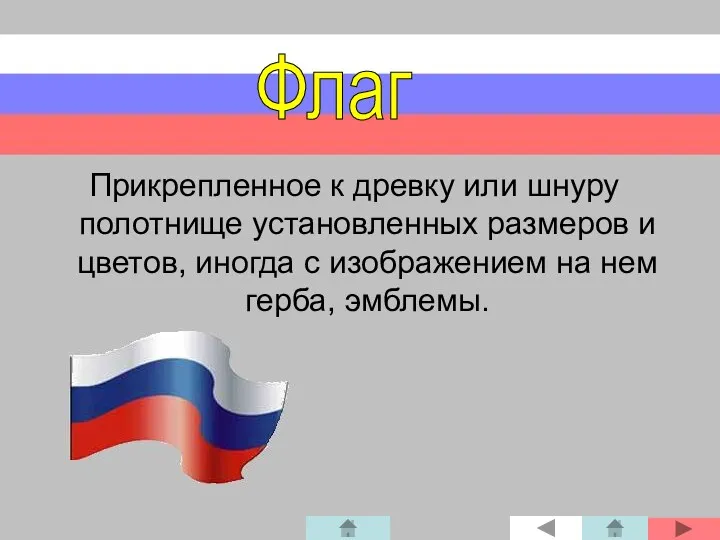 Прикрепленное к древку или шнуру полотнище установленных размеров и цветов,