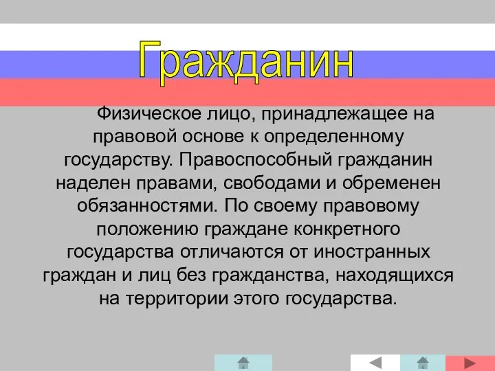 Физическое лицо, принадлежащее на правовой основе к определенному государству. Правоспособный