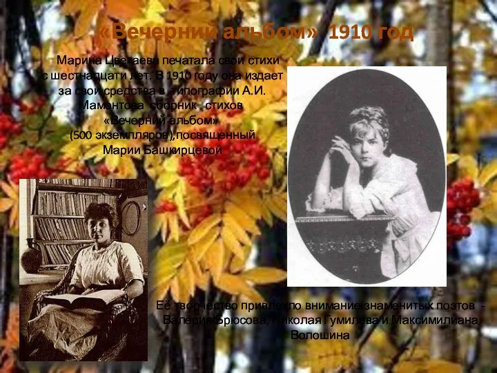 «Вечерний альбом» 1910 год Марина Цветаева печатала свои стихи с