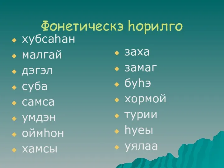 Фонетическэ hорилго хубсаhан малгай дэгэл суба самса yмдэн оймhон хамсы