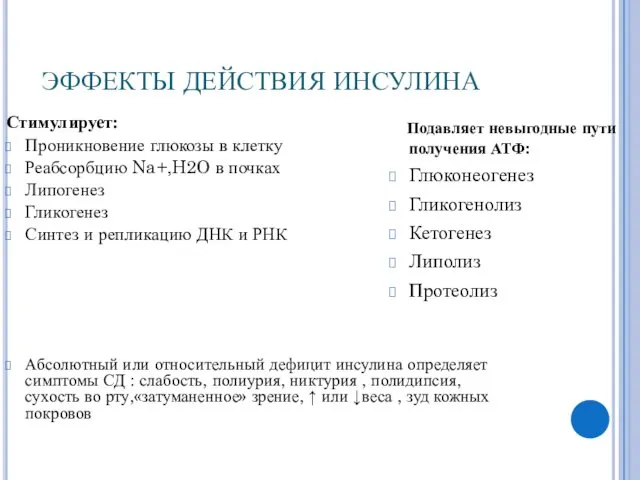 Подавляет невыгодные пути получения АТФ: Глюконеогенез Гликогенолиз Кетогенез Липолиз Протеолиз ЭФФЕКТЫ ДЕЙСТВИЯ ИНСУЛИНА