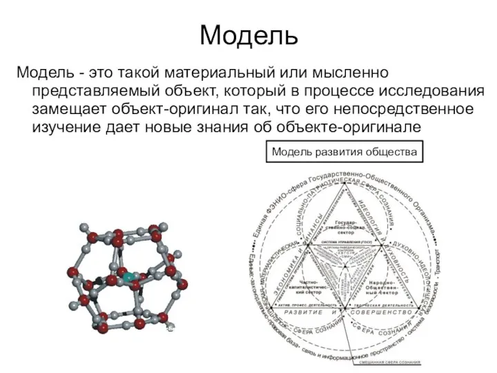 Модель Модель - это такой материальный или мысленно представляемый объект,