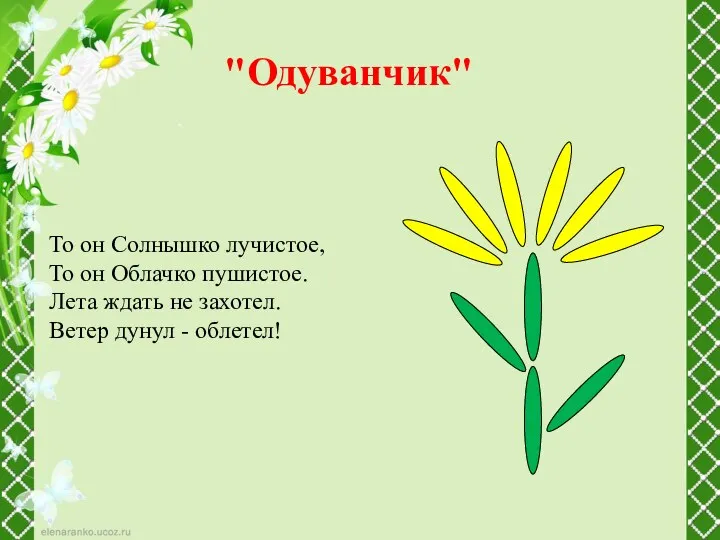 "Одуванчик" То он Солнышко лучистое, То он Облачко пушистое. Лета ждать не захотел.